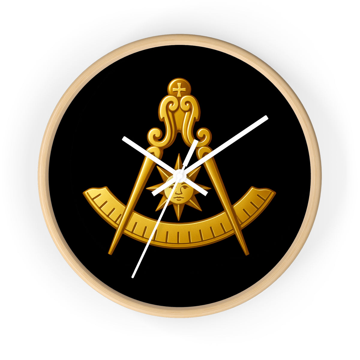 Past Master Blue Lodge Clock - Compass Sun & Quadrant Symbol with Wooden Frame - Bricks Masons