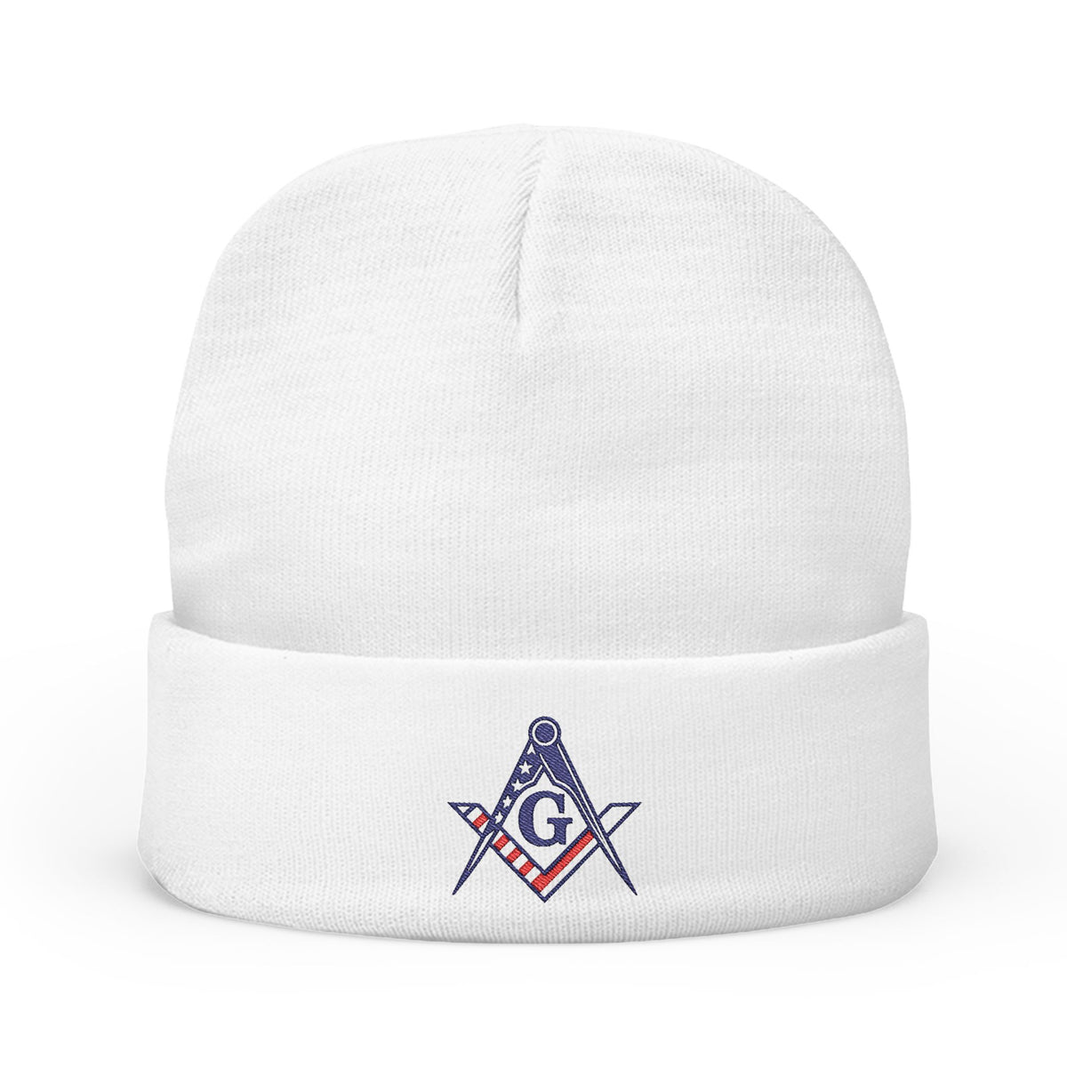 Master Mason Blue Lodge Beanie - Knit Embroidery US Flag Square and Compass G - Bricks Masons