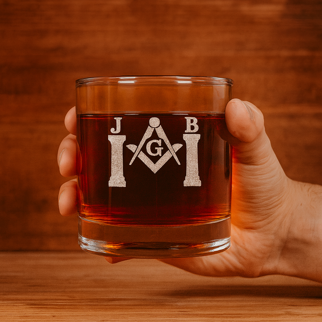 Master Mason Blue Lodge Whiskey Glass - Square & Compasses with Twin J&B Pillars - Bricks Masons