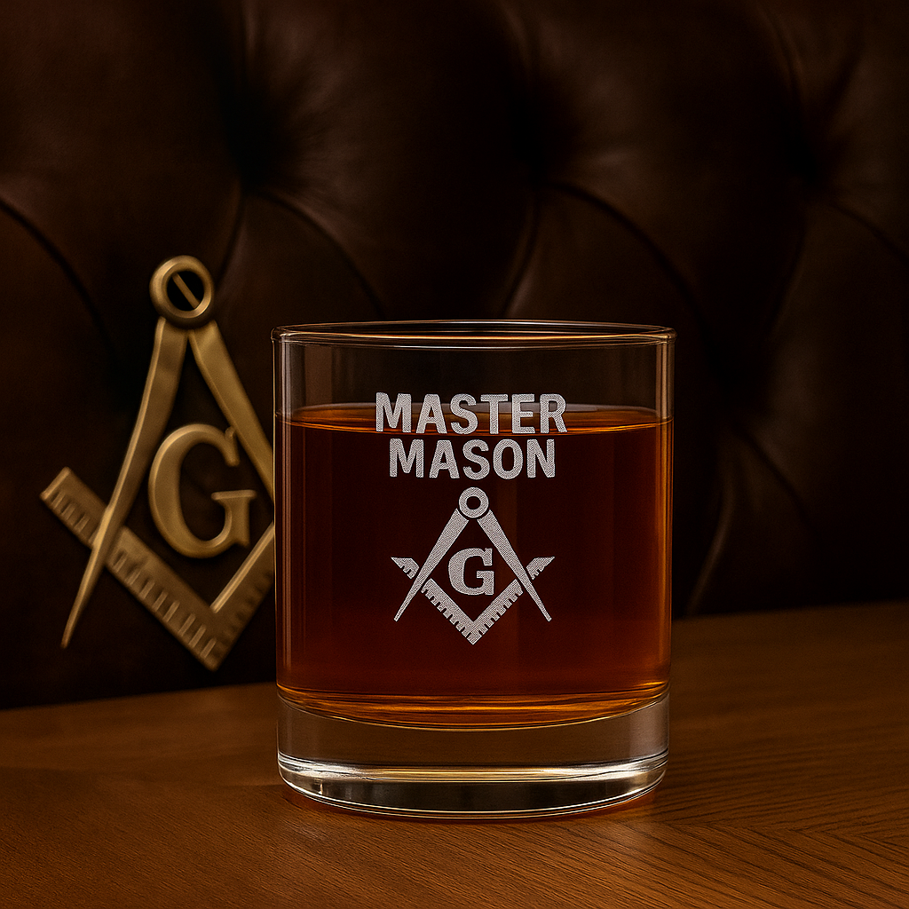 Master Mason Blue Lodge Whiskey Glass - Square & Compass with G - Bricks Masons
