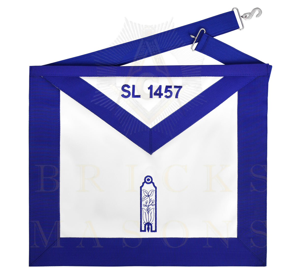 Junior Warden Blue Lodge Officer Apron - Blue Ribbon With Machine Embroidery Customizable Flap - Bricks Masons