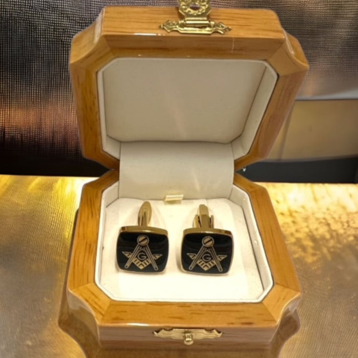 Master Mason Blue Lodge Cufflinks - 24k Gold Clad Wooden Set Case - Bricks Masons