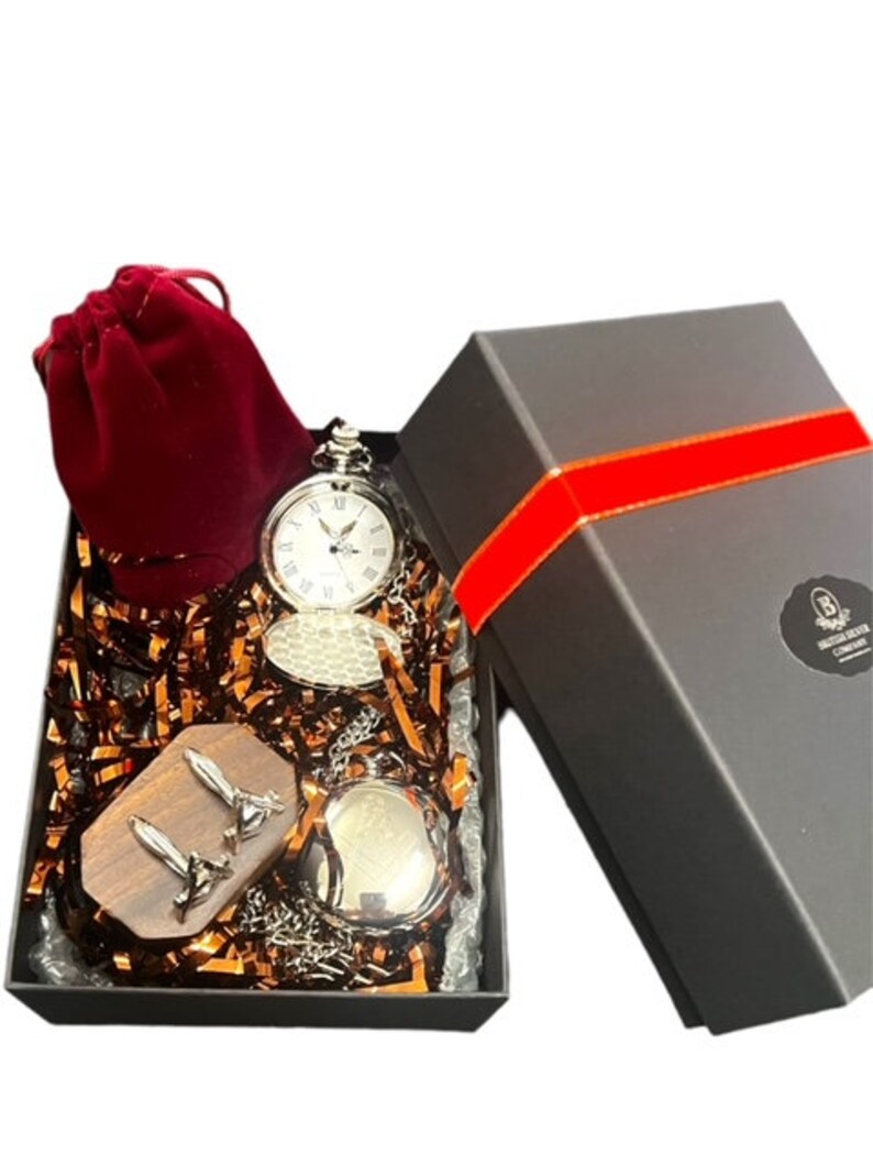 Master Mason Blue Lodge Pocket Watch - Gift Set With Silver Cufflinks in Wooden Box - Bricks Masons