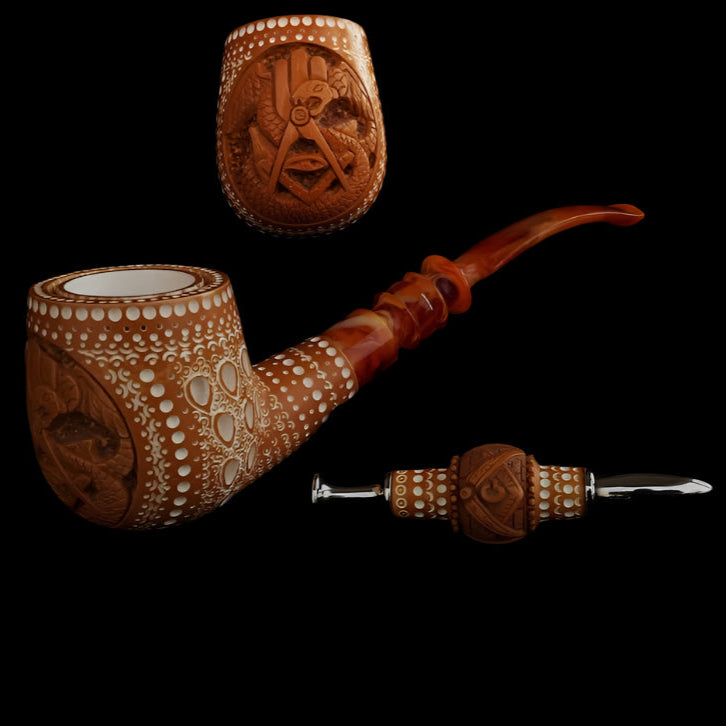Master Mason Blue Lodge Meerschaum Pipe - With Fitter Case & Pipe Tamper - Bricks Masons