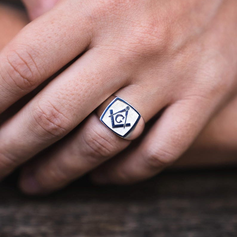 Master Mason Blue Lodge Ring - Plated Sterling Silver Square & Compass G - Bricks Masons