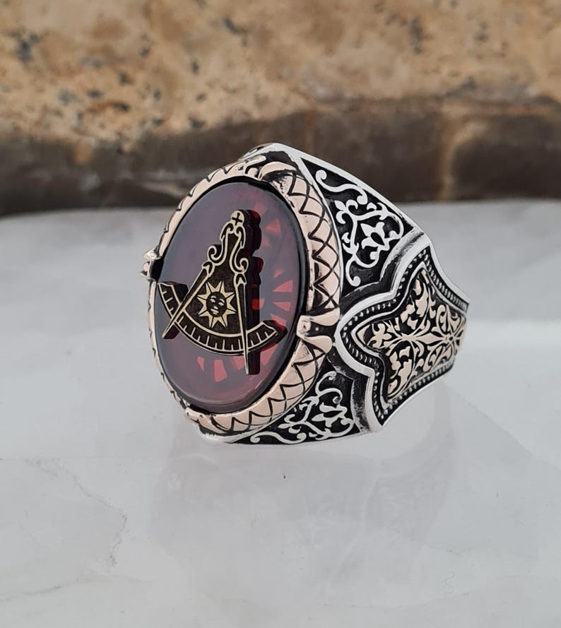 Master Mason Blue Lodge Ring - Handmade Sterling Silver Zircon - Bricks Masons