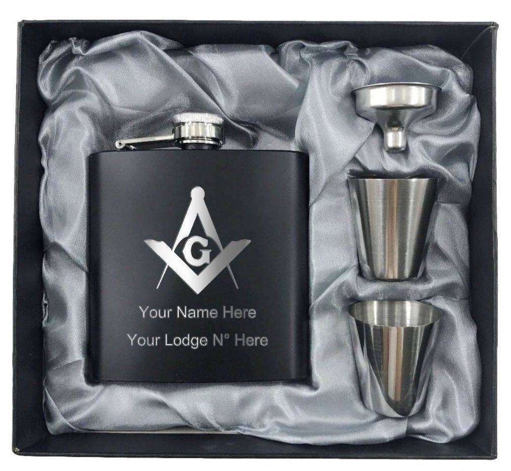 Master Mason Blue Lodge Flask - 2 Shot Glasses & Funnel - Bricks Masons