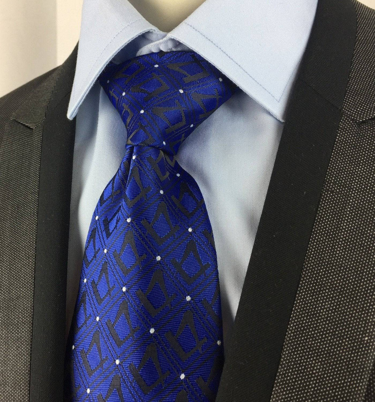 Master Mason Blue Lodge Necktie - Black & Blue with Polkadot Square & Compass - Bricks Masons