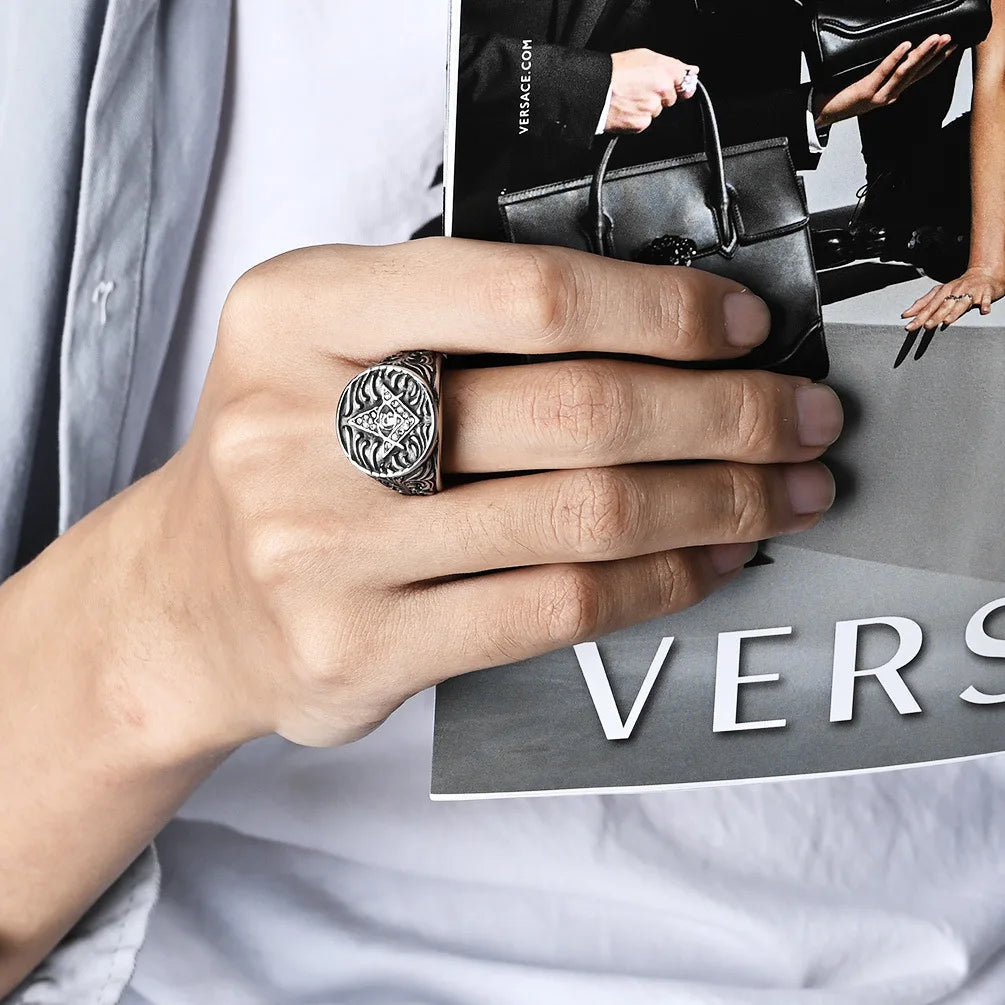 Master Mason Blue Lodge Ring - Stainless Steel Cubic Zirconia - Bricks Masons