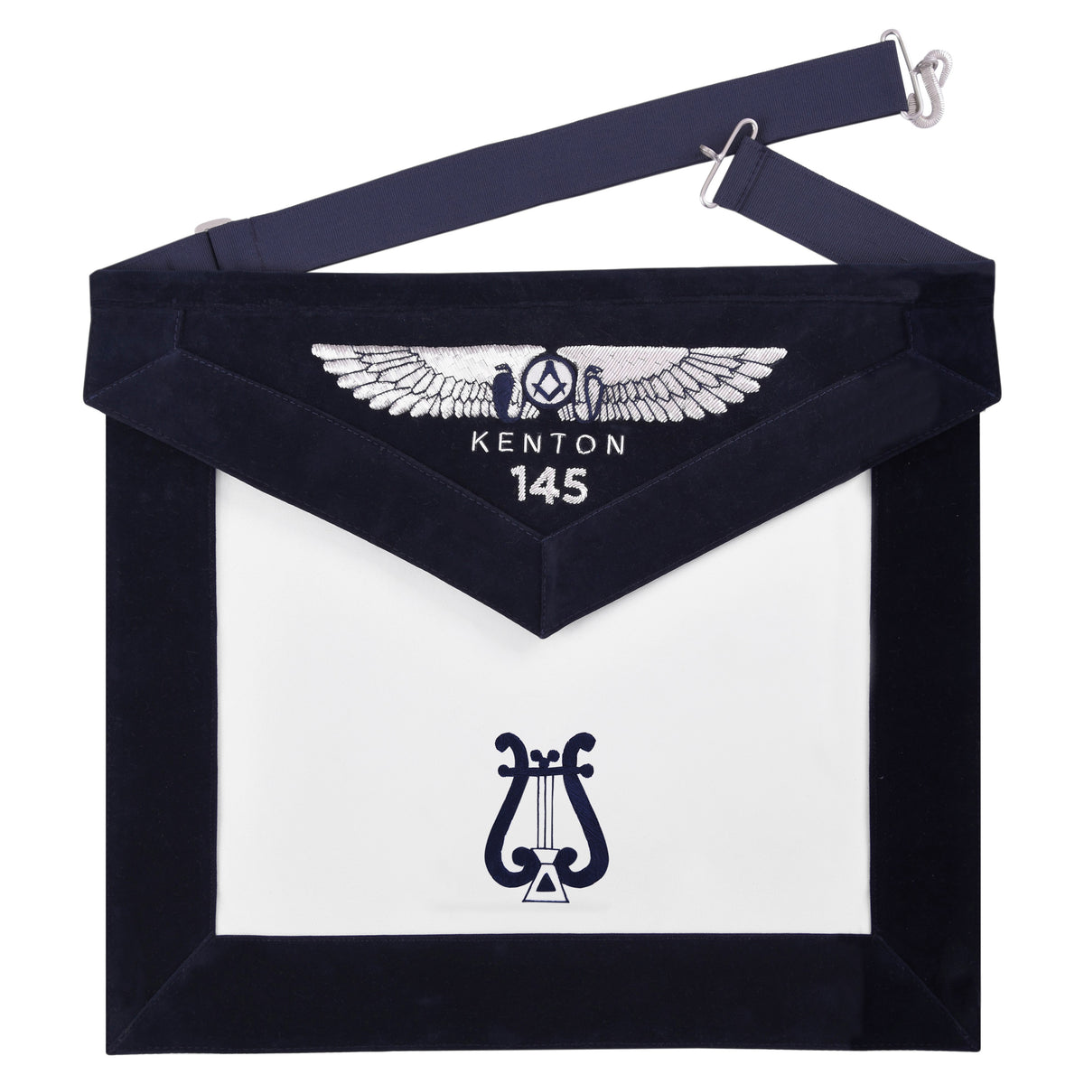 Organist Blue Lodge Officer Apron - Kenton Lodge Navy Velvet With Silver Embroidery Thread - Bricks Masons