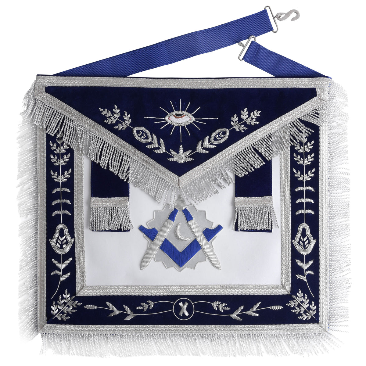 Junior Deacon Blue Lodge Officer Apron - Navy Blue Velvet With Silver Side Tabs - Bricks Masons