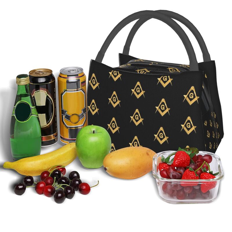 Master Mason Blue Lodge Lunch Bag - Golden Black Square and Compass G Thermal Insulated - Bricks Masons