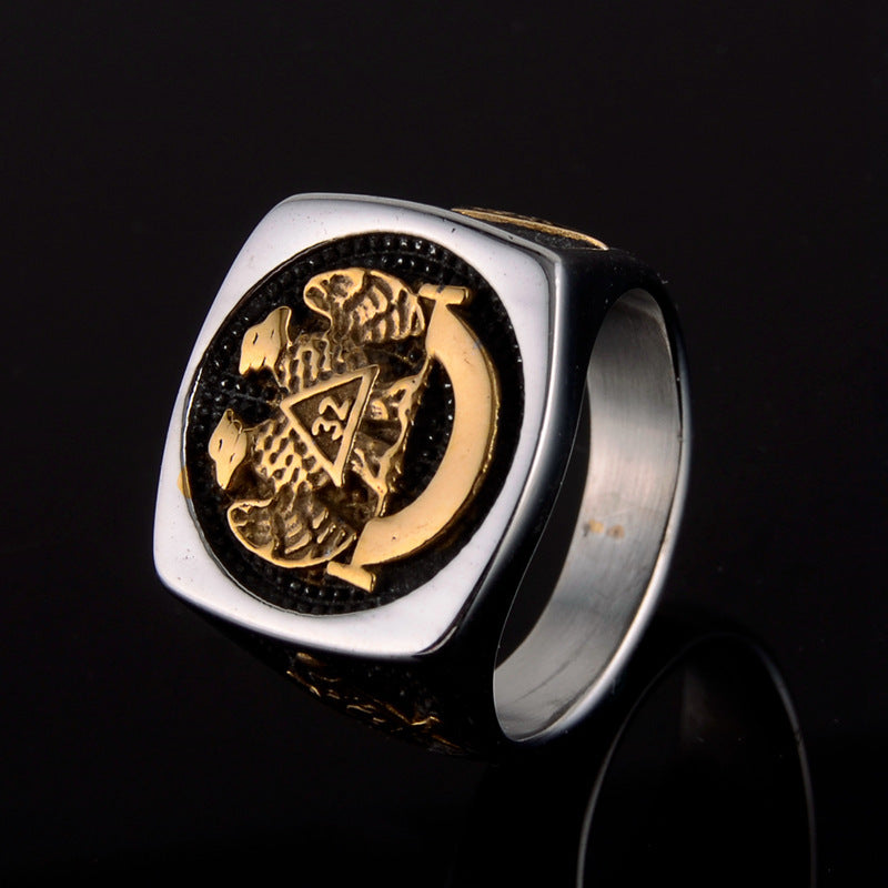 32nd Degree Scottish Rite Ring - Double Headed Eagle Gold Titanium Steel - Bricks Masons