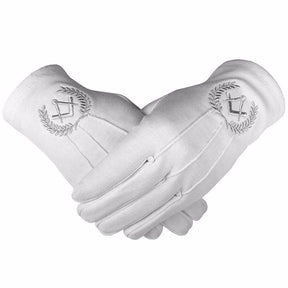 Master Mason Blue Lodge Gloves - White Cotton with Silver Square & Compass