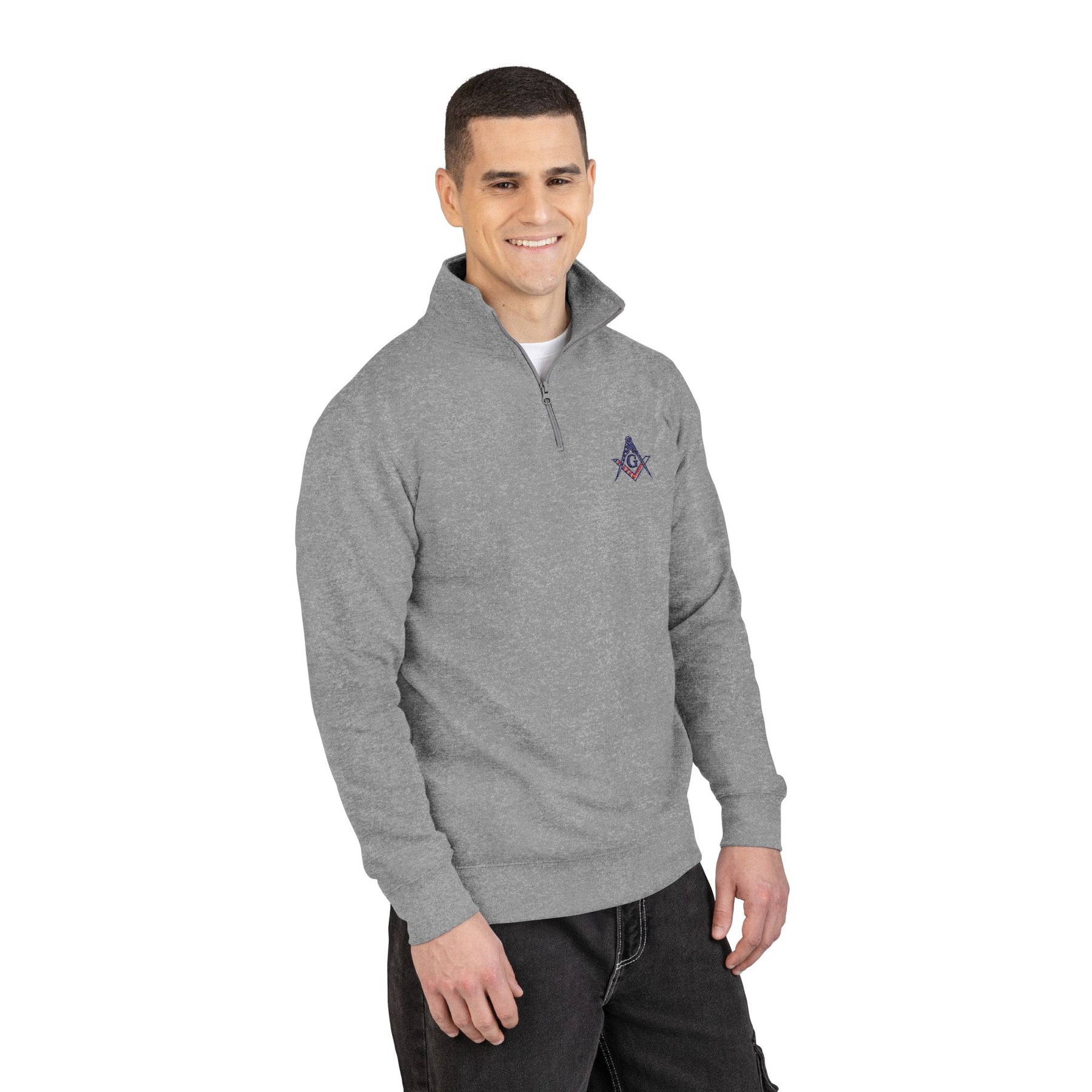Master Mason Blue Lodge Sweatshirt - Embroidered S&C G with USA Flag Print - Bricks Masons