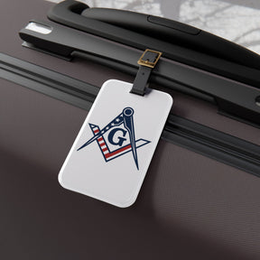Master Mason Blue Lodge Luggage Tag - USA Flag S&C G With Black Leather Strap - Bricks Masons