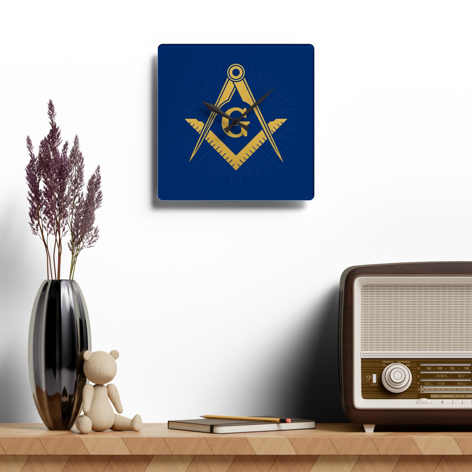 Master Mason Blue Lodge Clock - Golden Square & Compass G on Acrylic Square Shape - Bricks Masons