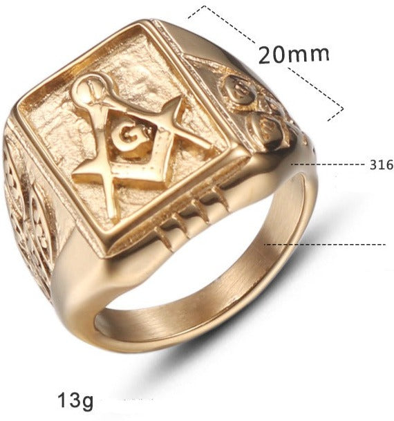 Master Mason Blue Lodge Ring - Gold Titanium Steel - Bricks Masons