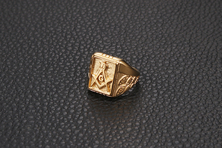 Master Mason Blue Lodge Ring - Gold Titanium Steel - Bricks Masons