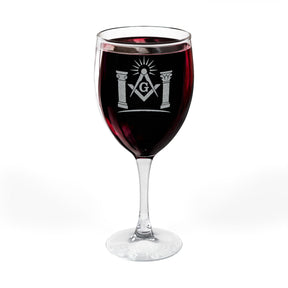 Master Mason Blue Lodge Wine Glass - Square & Compass G with Twin Pillars & Radiant Light