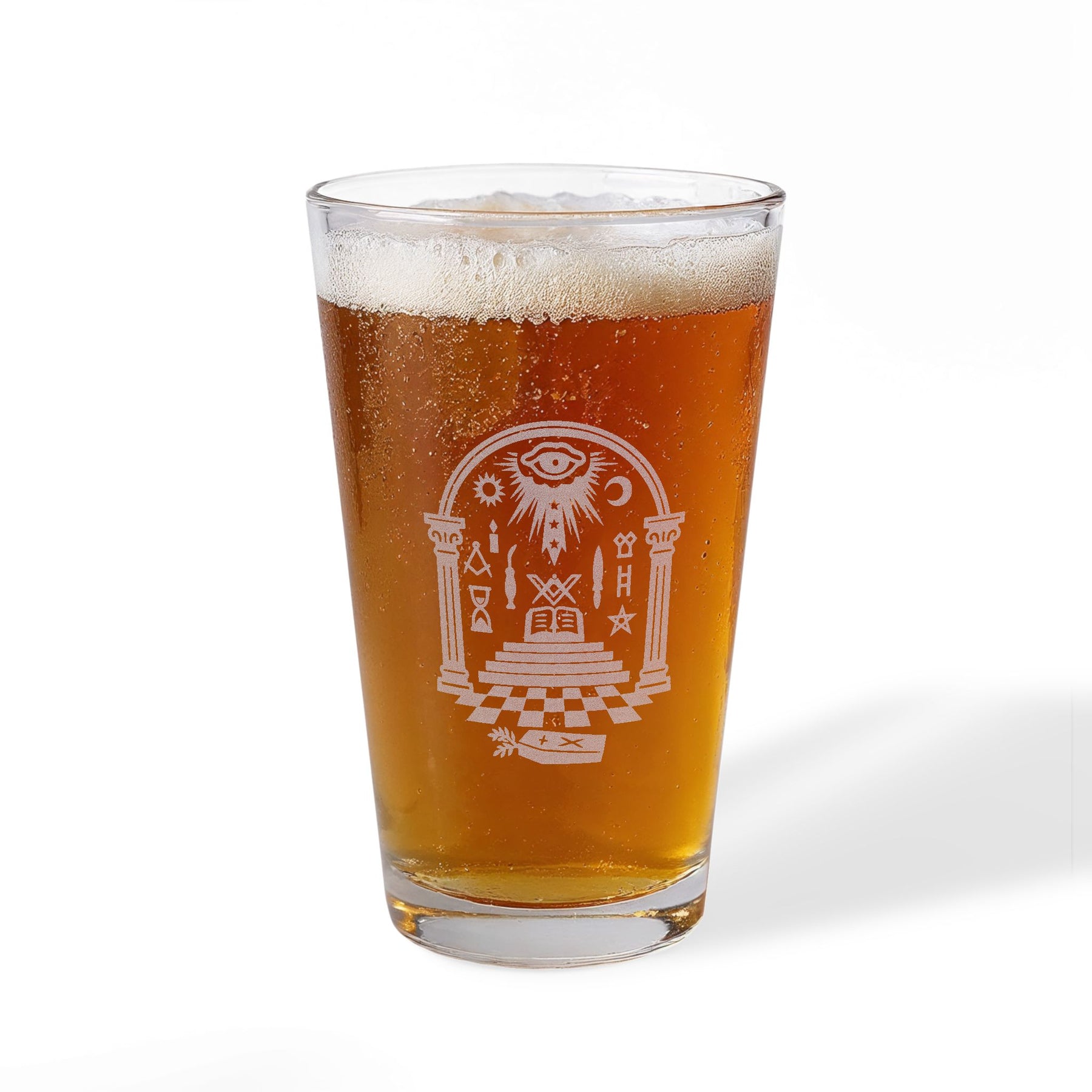 Master Mason Blue Lodge Pint Glass - Checkered Floor Pillars All-Seeing Eye & Tools - Bricks Masons