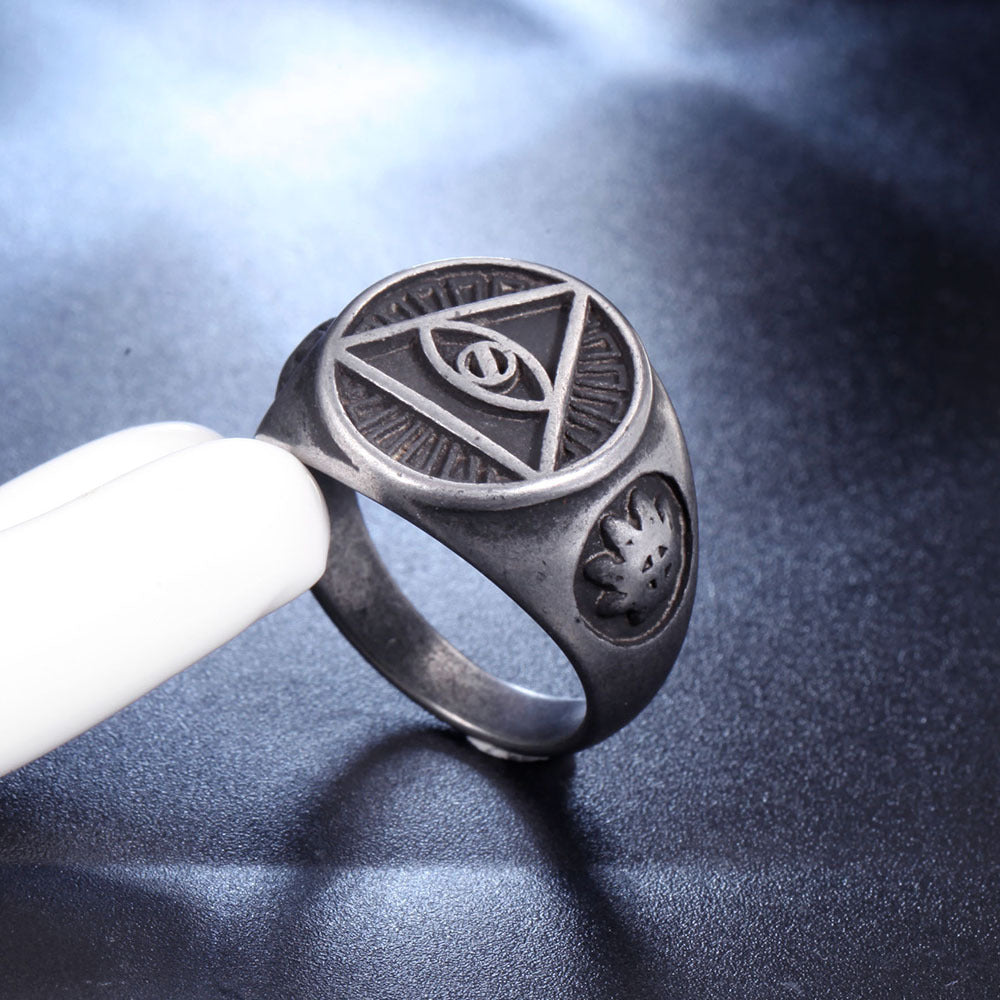 Eye Of Providence Ring - Stainless Steel In Vintage Stone Color - Bricks Masons