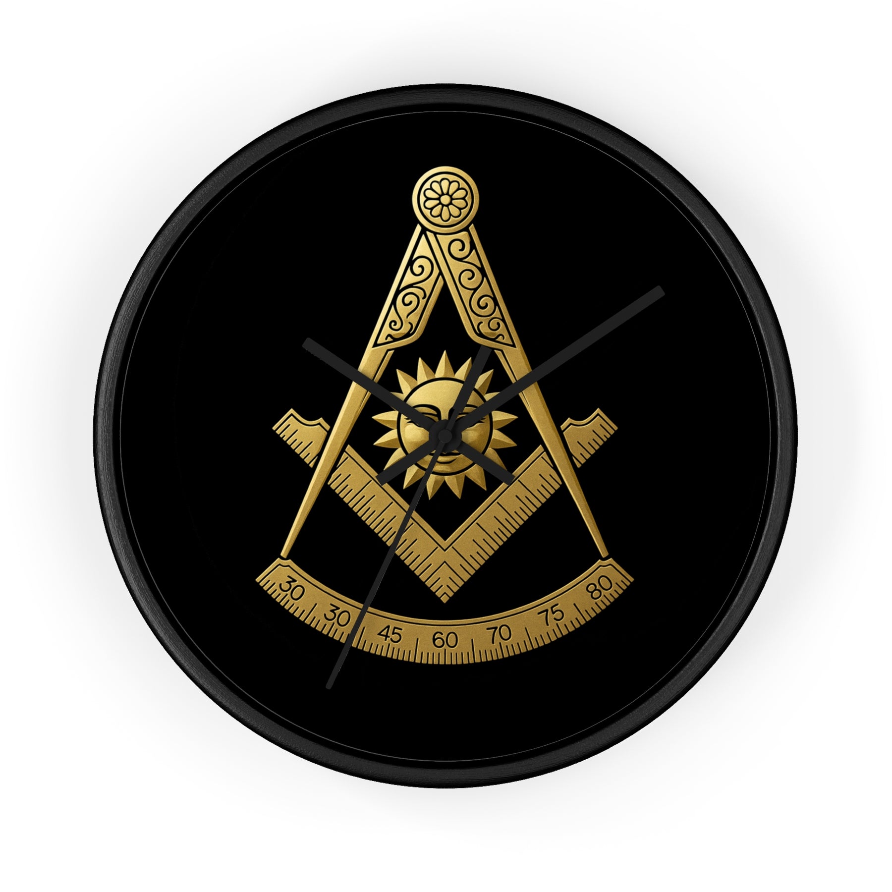 Past Master Blue Lodge Clock - Square Compass Sun & Quadrant Emblem on Wood Frame - Bricks Masons