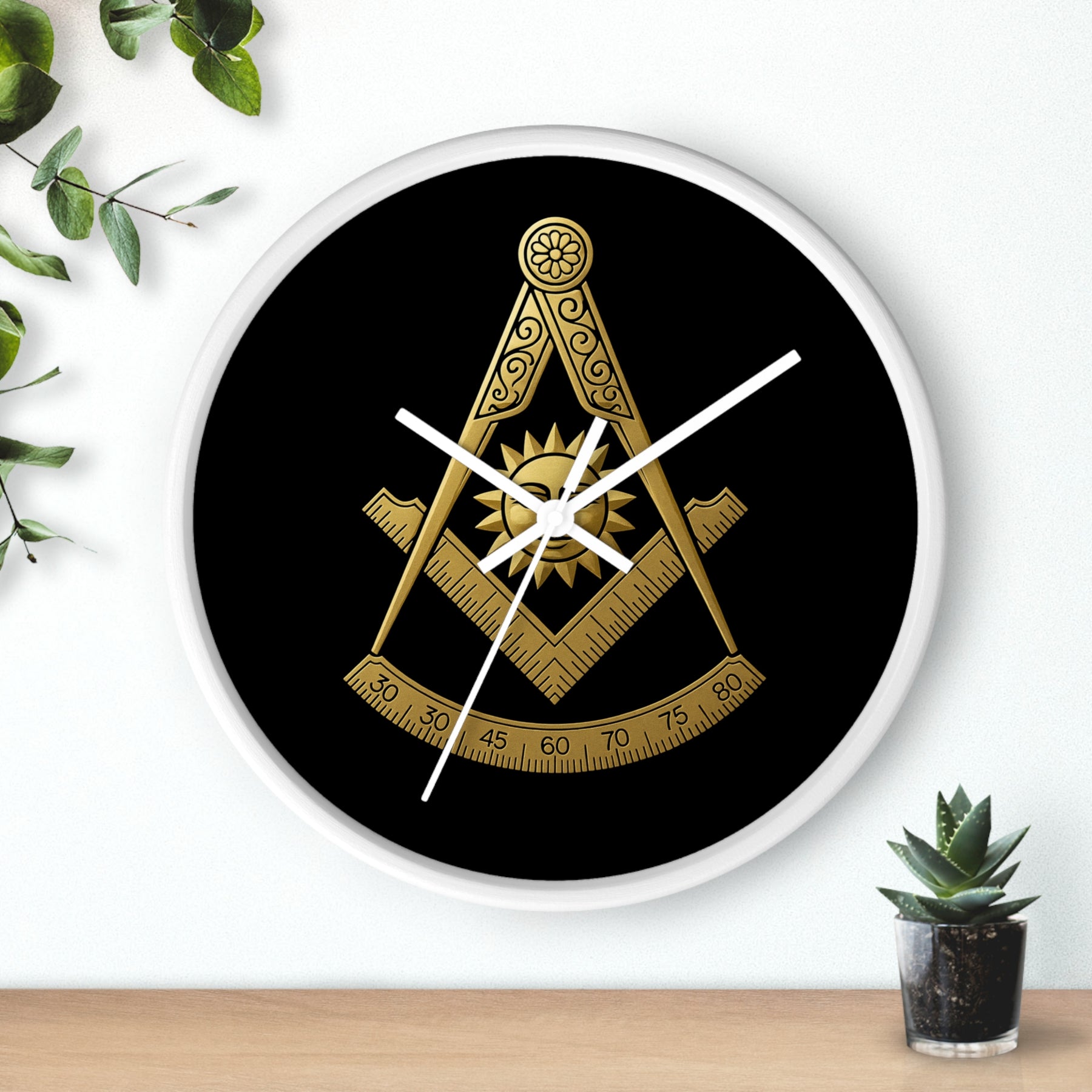 Past Master Blue Lodge Clock - Square Compass Sun & Quadrant Emblem on Wood Frame - Bricks Masons