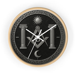 Master Mason Blue Lodge Clock - S&C with Pillars Sun & Moon on Wooden Frame - Bricks Masons