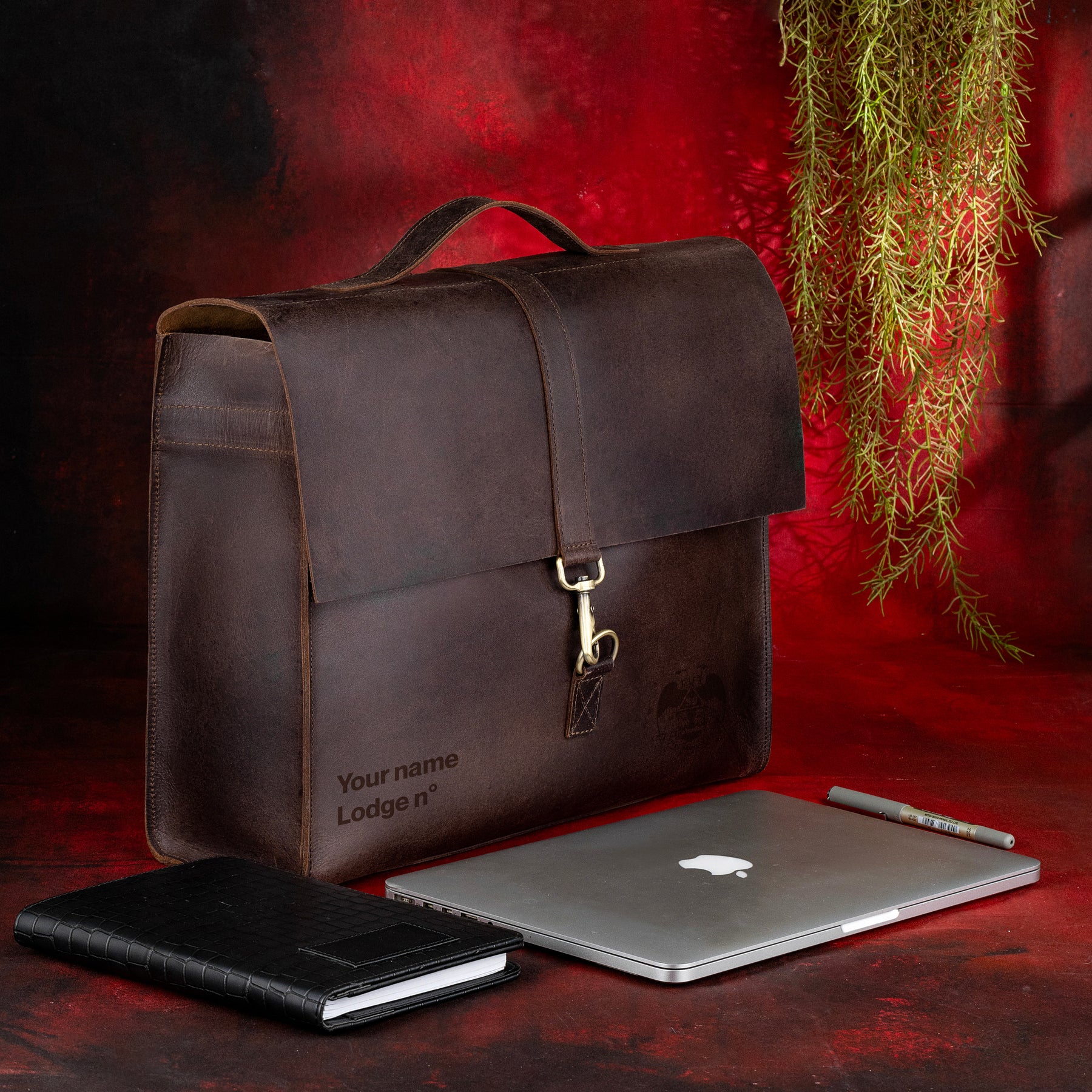 32nd Degree Scottish Rite Briefcase - Wings Down Genuine Cow Leather Convertible Bag - Bricks Masons