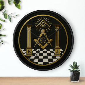 Master Mason Blue Lodge Clock - S&C with Pillars in Wooden Frame - Bricks Masons