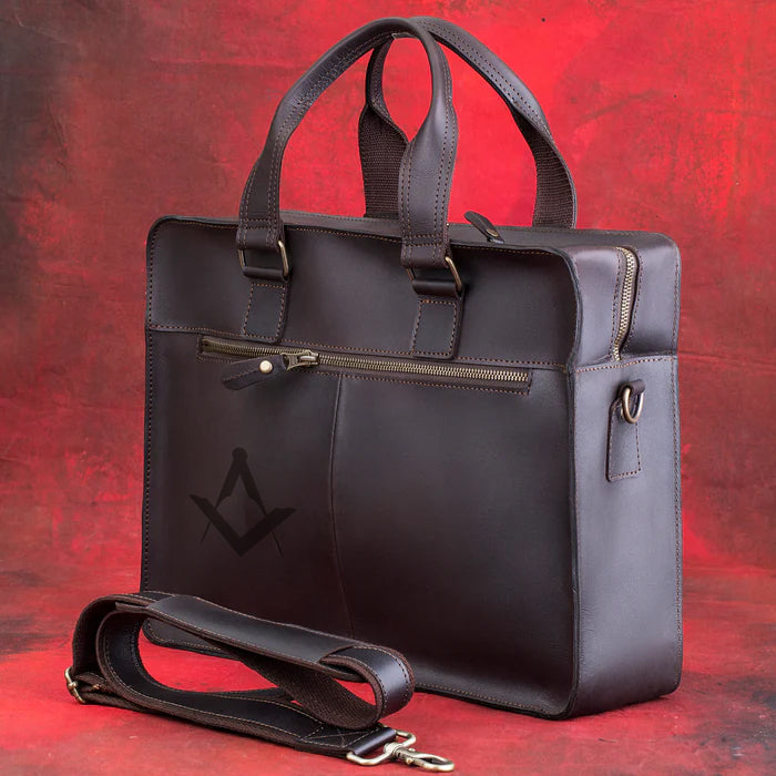 Master Mason Blue Lodge Briefcase - Dark Brown Leather - Bricks Masons