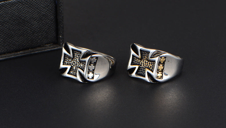 Knights Templar Commandery Ring - Silver & Gold Cross Titanium Steel Ring - Bricks Masons