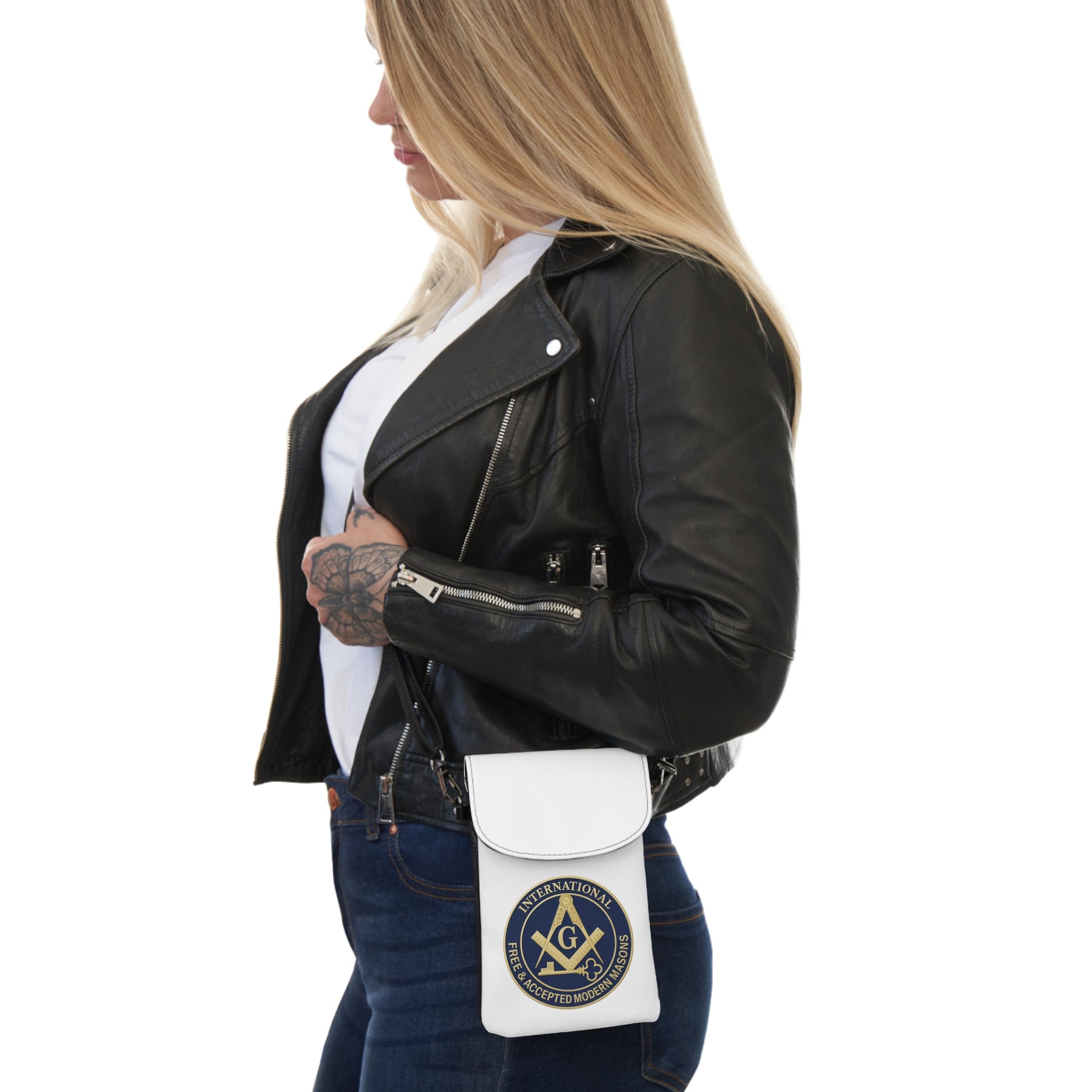 International Masons Cell Phone Wallet - White Microfiber Leather Hands-Free Wallet - Bricks Masons