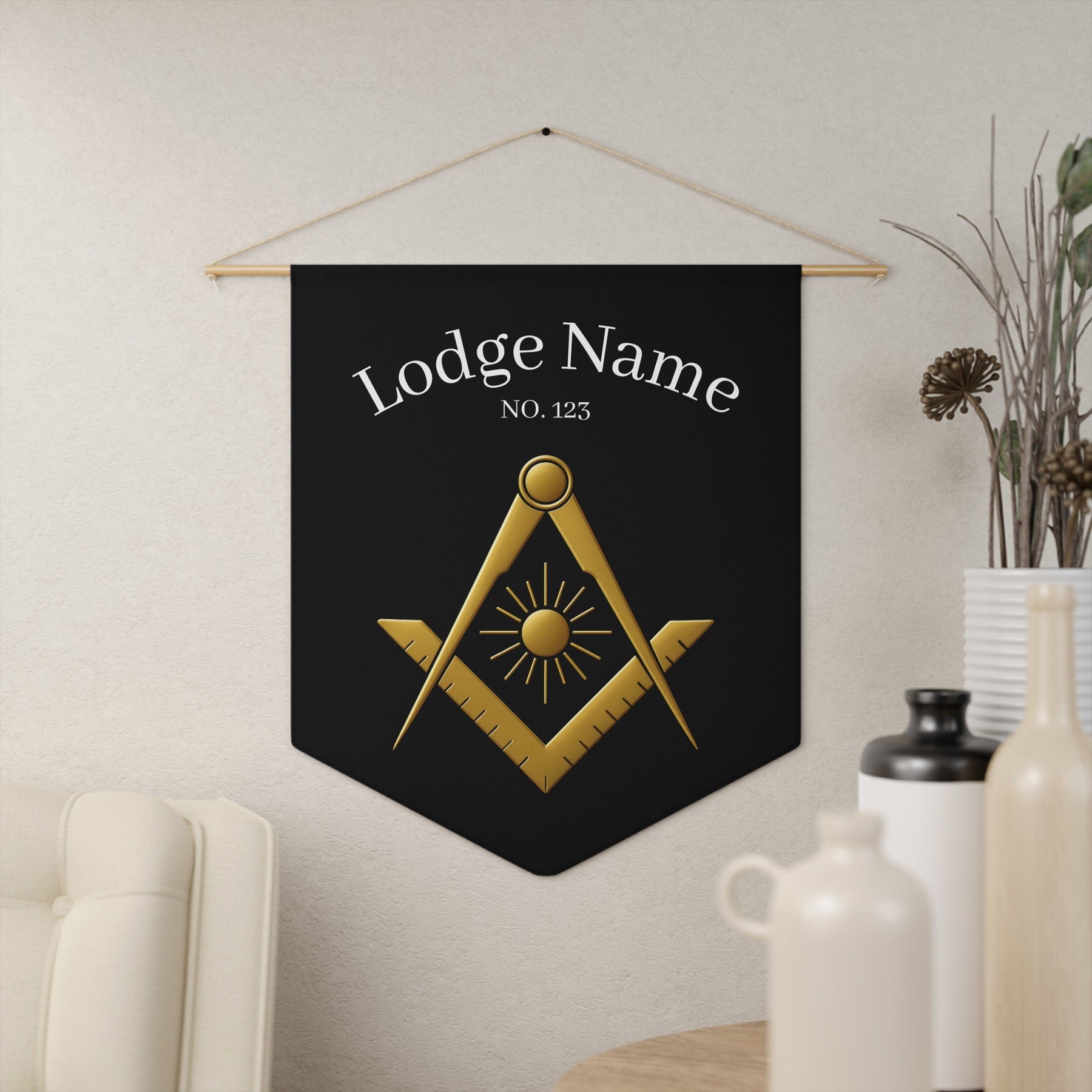 Master Mason Blue Lodge Pennant - Square & Compass with Sun With Personalization - Bricks Masons