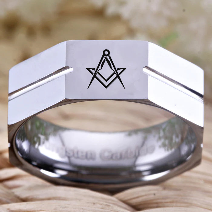 Master Mason Blue Lodge Ring - Tungsten Carbide Personalizable - Bricks Masons