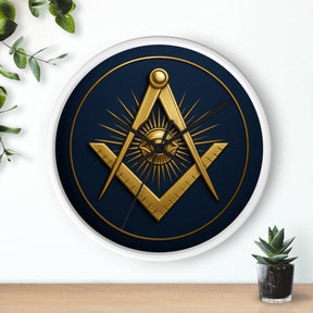 Master Mason Blue Lodge Clock - Wood Frame with Eye Square & Compass Symbol - Bricks Masons