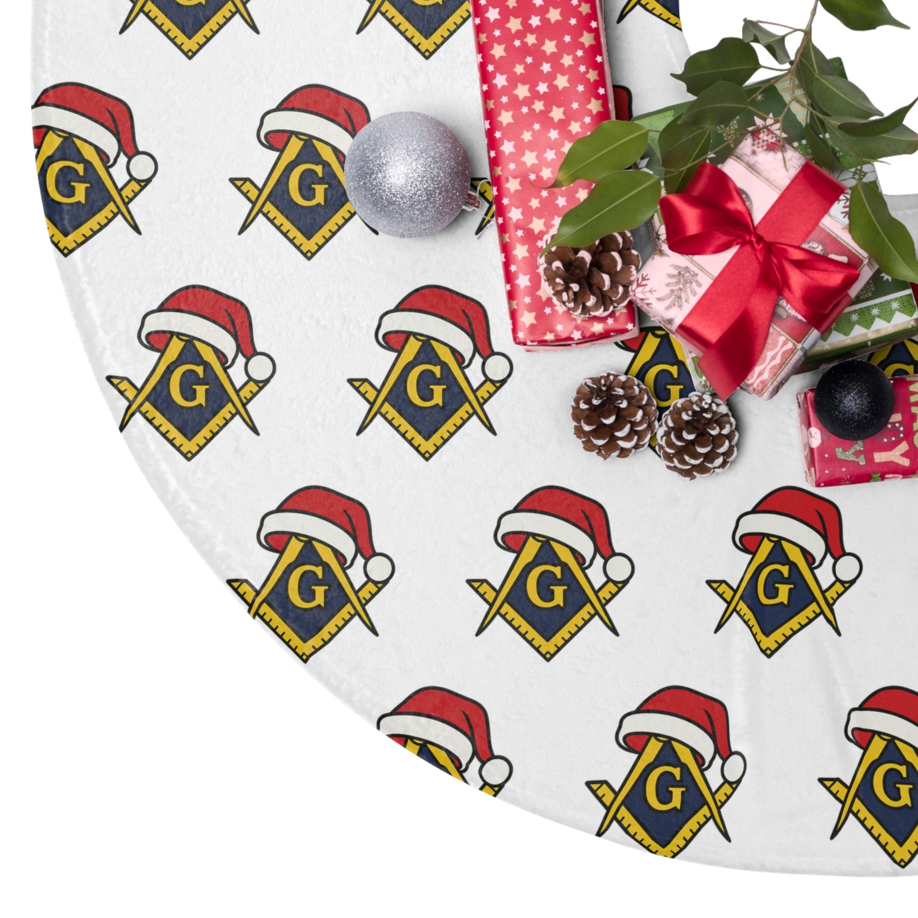 Master Mason Blue Lodge Christmas Tree Skirt - Golden Square & Compass with G - Bricks Masons