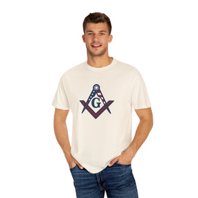 Master Mason Blue Lodge T-Shirt - Garment-Dyed USA Flag Mason - Bricks Masons