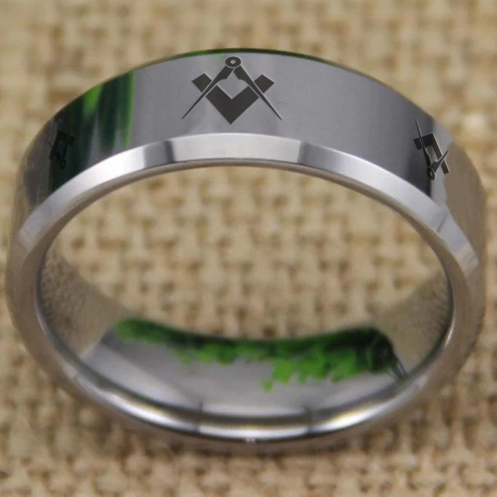 Master Mason Blue Lodge Ring - Silver Bevel Tungsten Personalizable