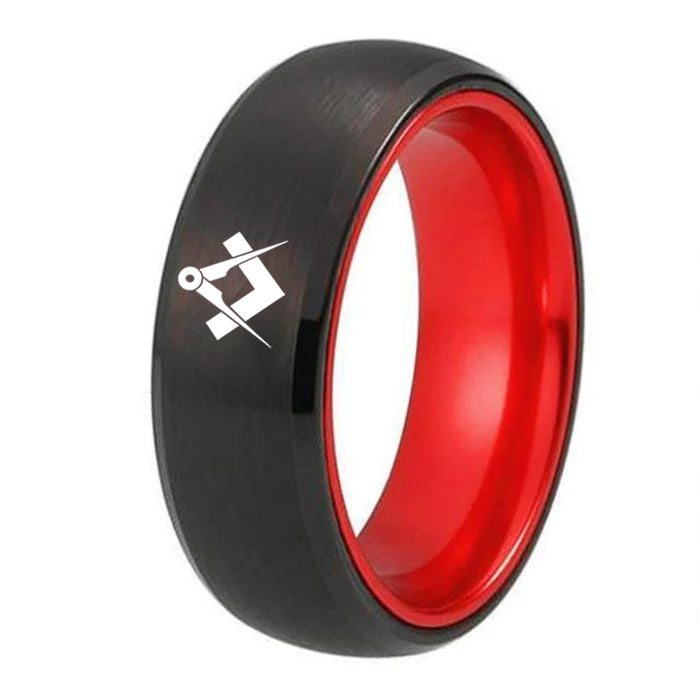 Master Mason Blue Lodge Ring - Black Tungsten With Red Aluminum Inlay Personalizable