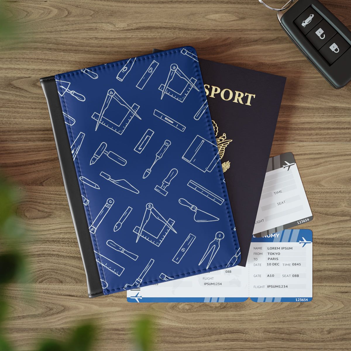 Master Mason Blue Lodge Passport Cover - Blue PU Leather Masonic Tools - Bricks Masons