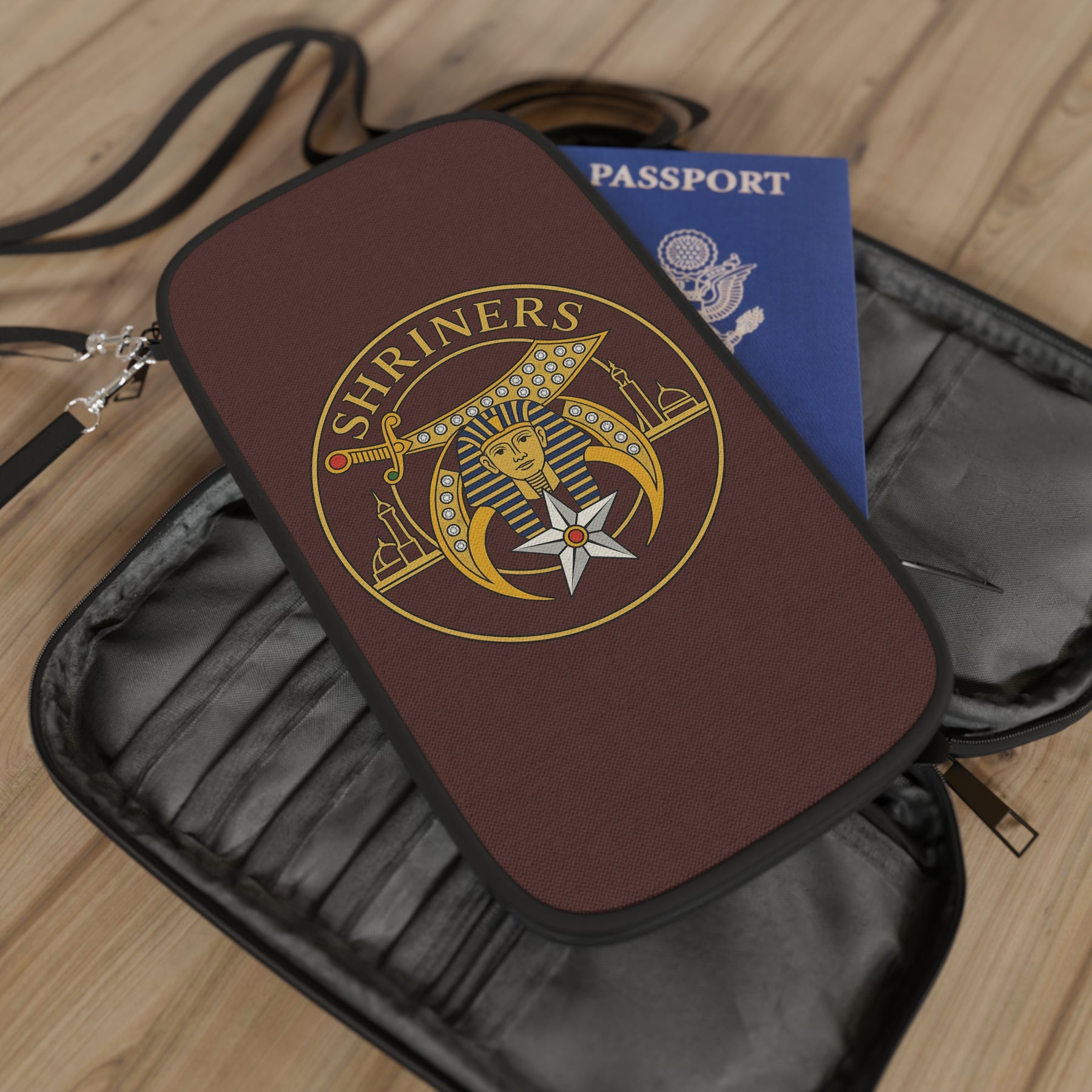 Shriners Passport Wallet - Brown With Shoulder & Wrist Strap - Bricks Masons