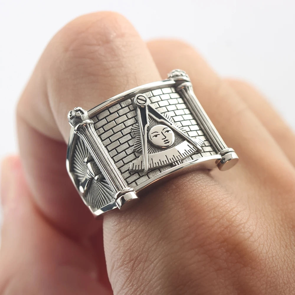 Past Master Blue Lodge Ring - Quadrant & Compass Sun with Twin Pillars Sterling Silver - Bricks Masons