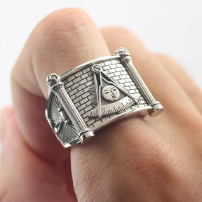 Past Master Blue Lodge Ring - Quadrant & Compass Sun with Twin Pillars Sterling Silver - Bricks Masons
