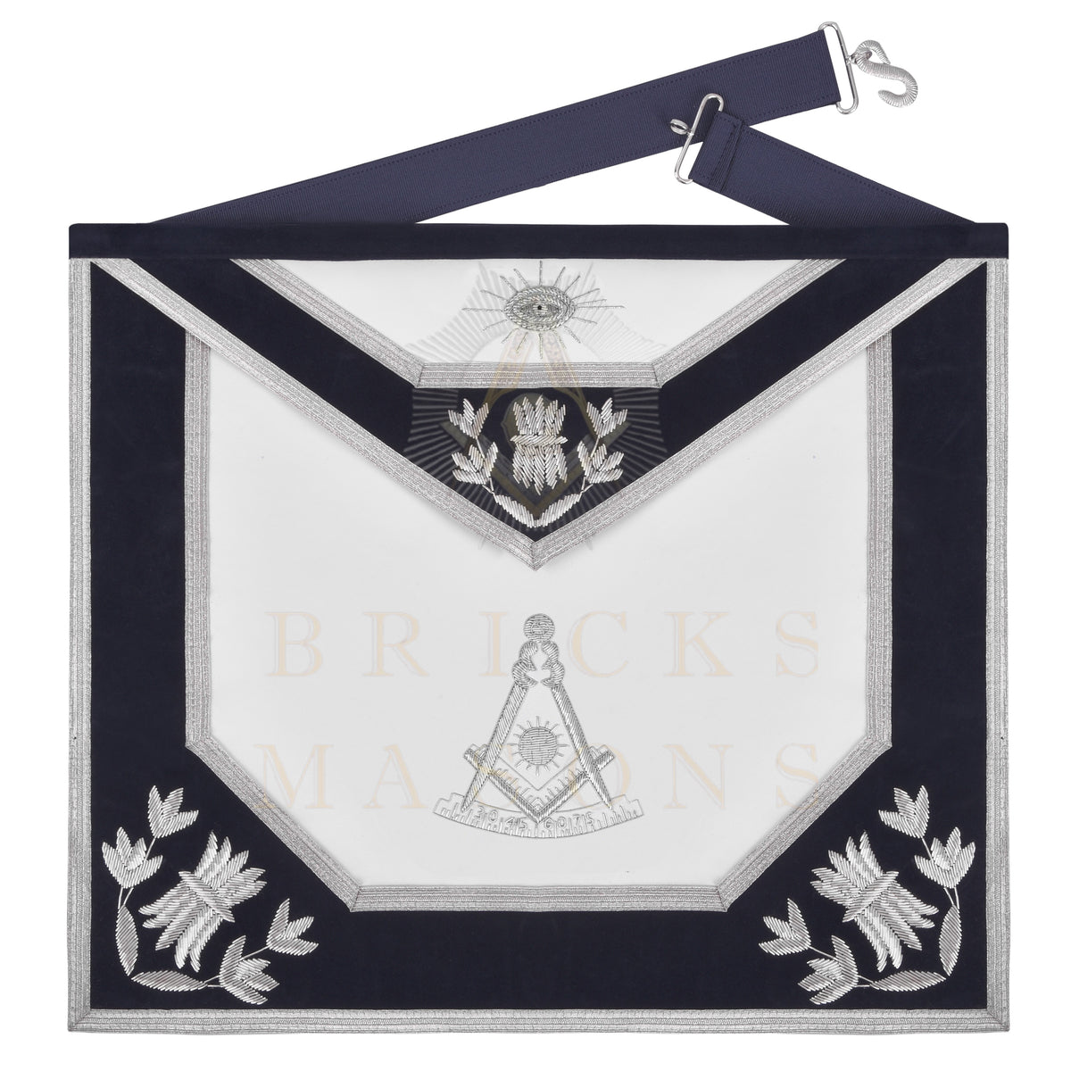 Past Master Blue Lodge Apron - Navy Velvet & Silver Bullion Hand Embroidery - Bricks Masons
