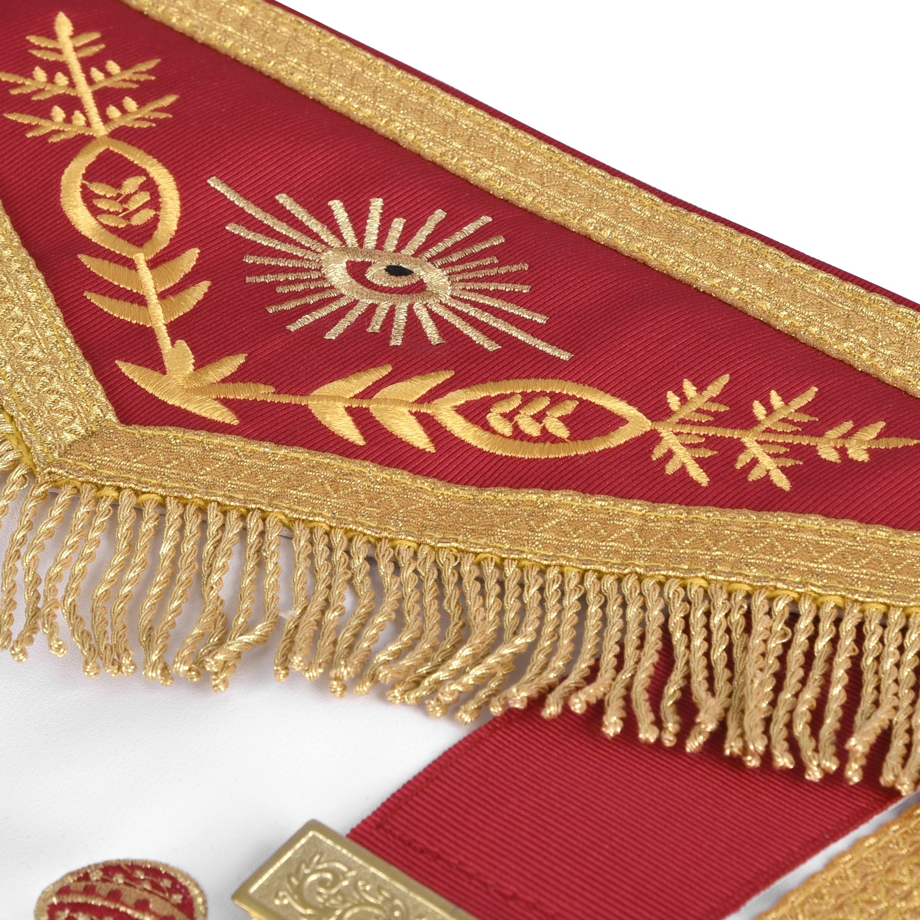 Master Mason Blue Lodge Apron - Red & Gold Hand Embroidery Bullion With Wreath & Pillars