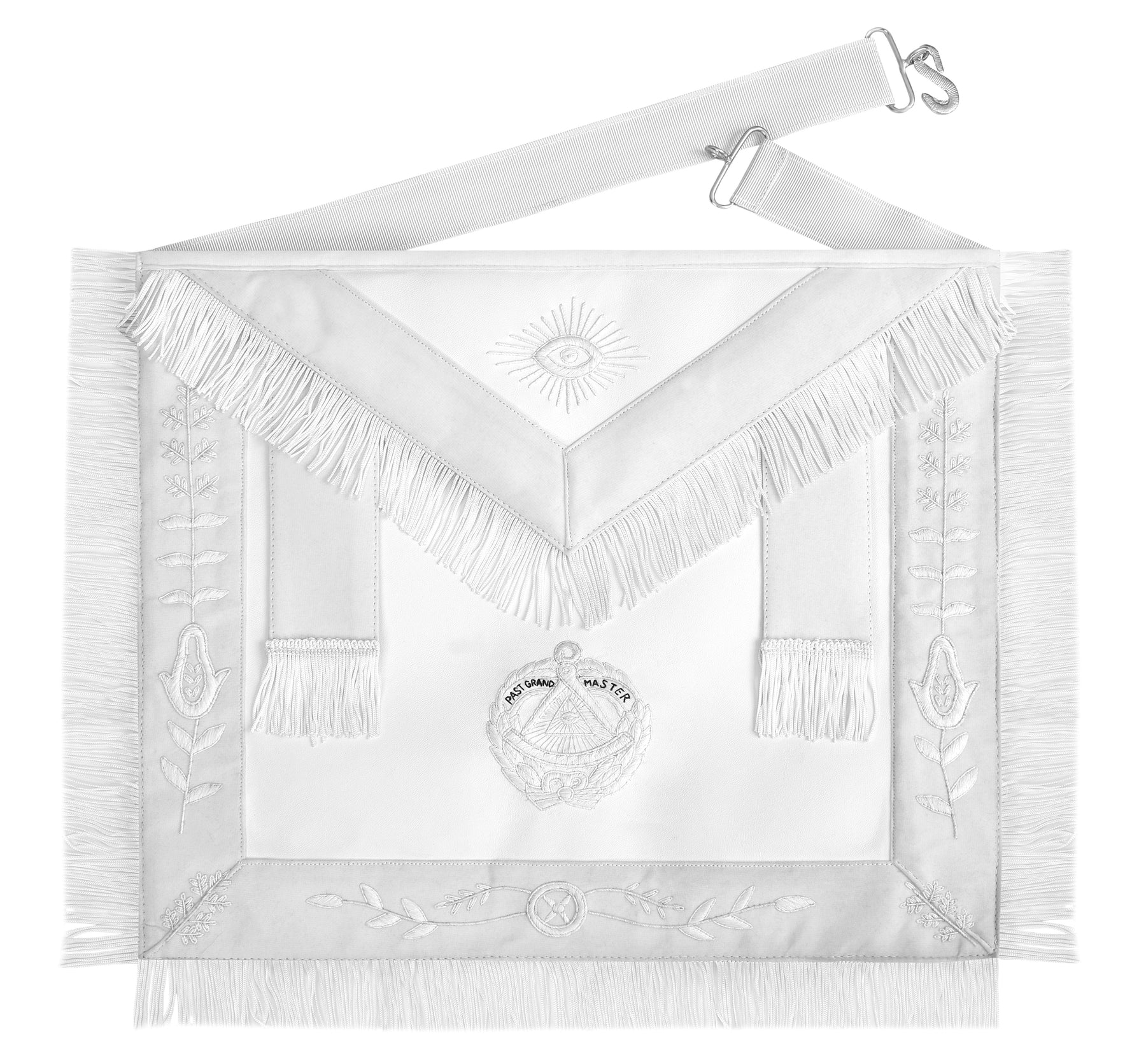 Past Grand Master Blue Lodge Apron - All White Bullion With Wreath & Pillars - Bricks Masons