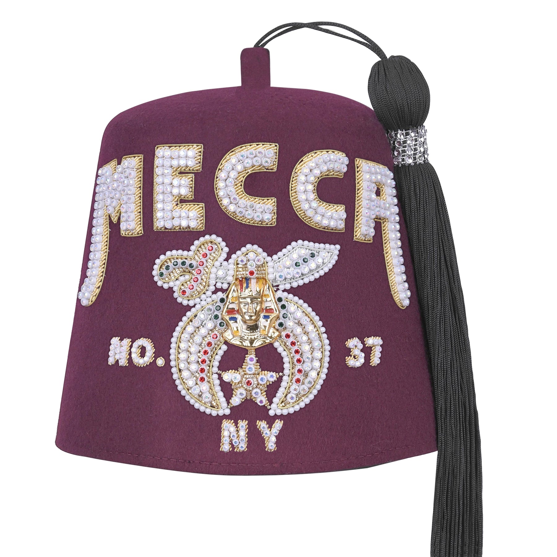 Shriners Fez Hat - Burgundy Wool Rhinestones Letters 2 Rows - Bricks Masons