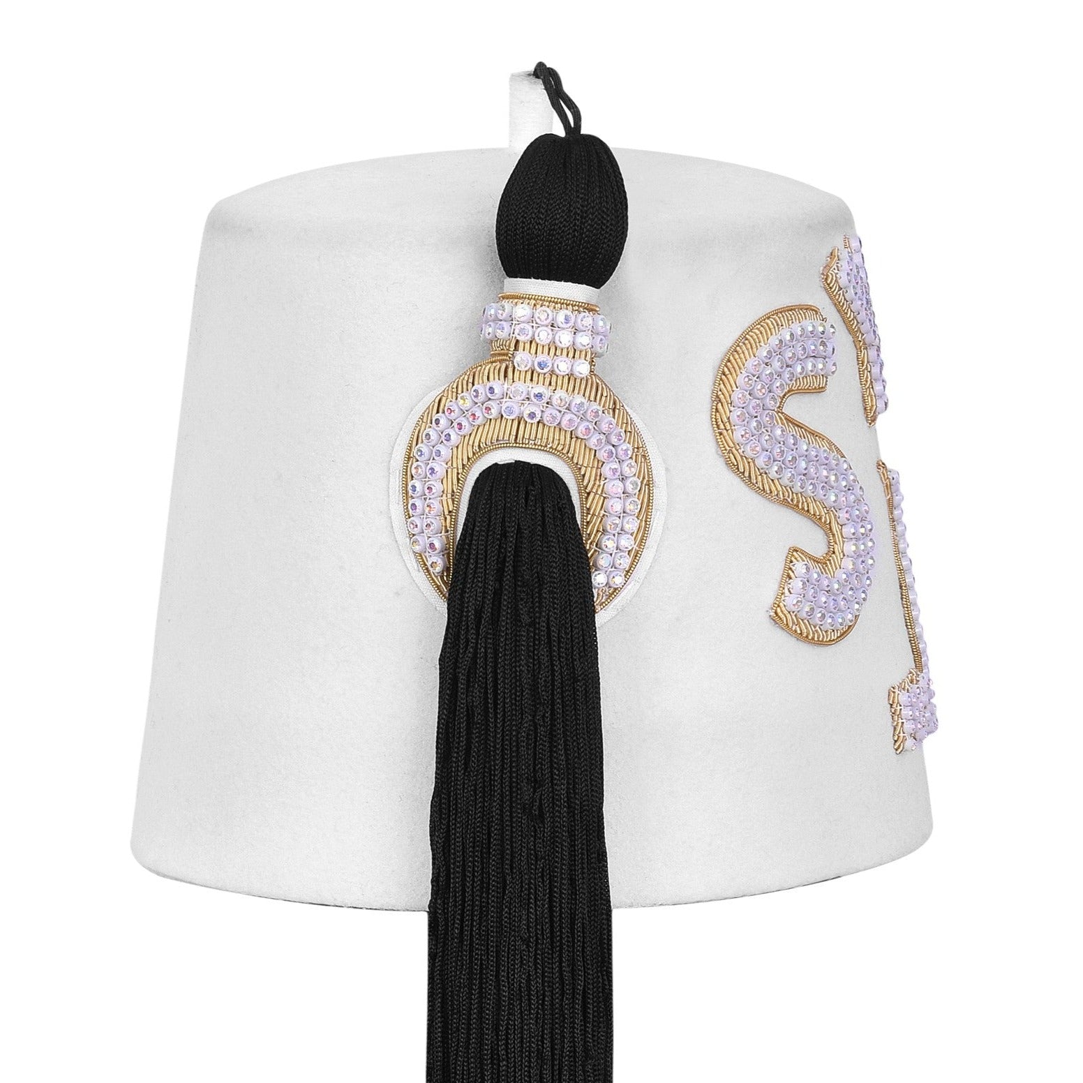 DOI PHA Fez Hat - Pure White With Rhinestones (2 Rows as pictured) - Bricks Masons